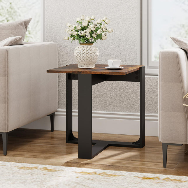 Dreamade Rustic Brown Square Industrial Side Table w/T-Shape Metal Frame