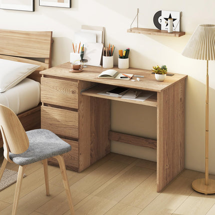Dreamade Computer Desk with Power Outlet, Modern Office Desk with Keyboard Tray & 3 Large Drawers