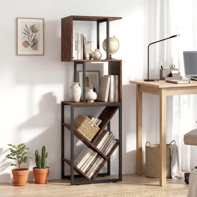 Dreamade 6-Tier Bookshelf | Industrial S-Shaped Geometric Bookcase with Open Display Shelves
