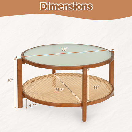 Dreamade 35" Rattan Farmhouse Glass Center Table with Storage