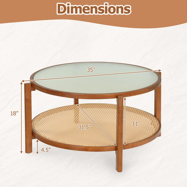 Dreamade 35" Rattan Farmhouse Glass Center Table with Storage
