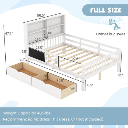 Dreamade Full/Twin Size 2 Storage Drawers, Solid Wood Kids Bed Frame w/Bookcase Headboard & Blackboard