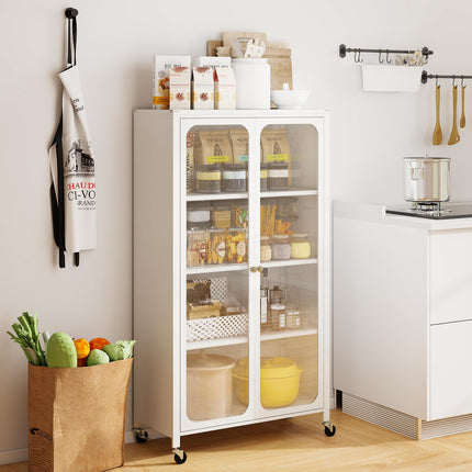 Dreamade Bookcase with Doors 58" Tall 4-Tier Bookshelf with Wheels