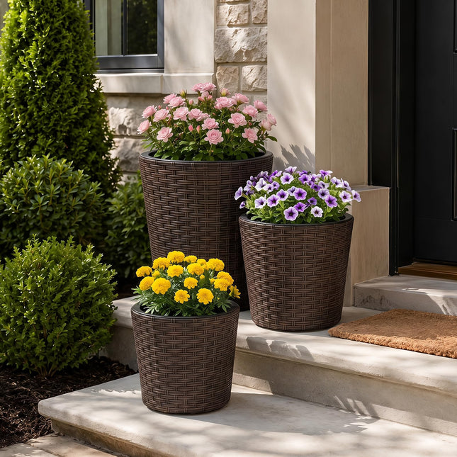 Dreamade Set of 3 Plastic Planters | 14 & 11 & 9 Inch Taper Rattan Planters with Drainage Holes and Saucers
