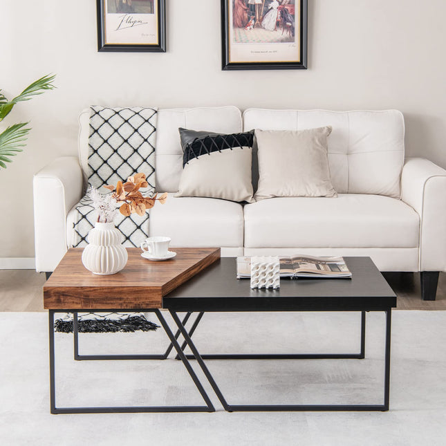 Dreamade Stacking Coffee Table Set of 2, Black & Brown Modern Side Table