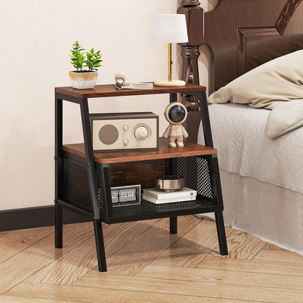 Dreamade Industrial Nightstand 3-Tier End Table with 2 Open Shelves and Metal Mesh Compartment