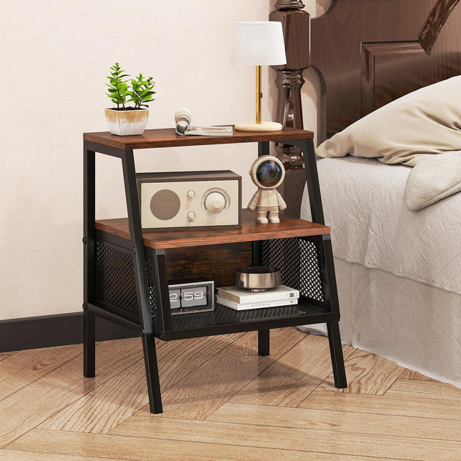 Dreamade Industrial Nightstand 3-Tier End Table with 2 Open Shelves and Metal Mesh Compartment