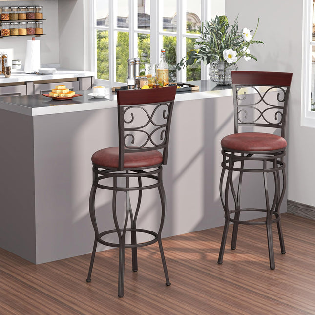 Dreamade 30" Swivel Bar Stools Set of 2, Bar Height Bar Stools w/Back, Upholstered PU Leather Seat, Footrest, Rustic Brown