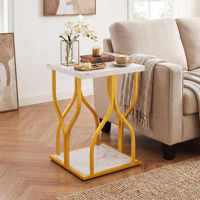 Dreamade 2-Tier End Table with Storage Shelf & Gold Petal-Inspired Geometric Metal Frame