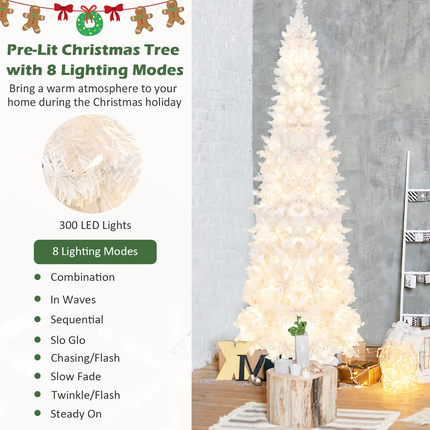 Dreamade 7ft White Pre-Lit Pencil Christmas Tree, Artificial Hinged Slim Tree with 800 Tips, 300 Warm White Lights - DreamadeUS