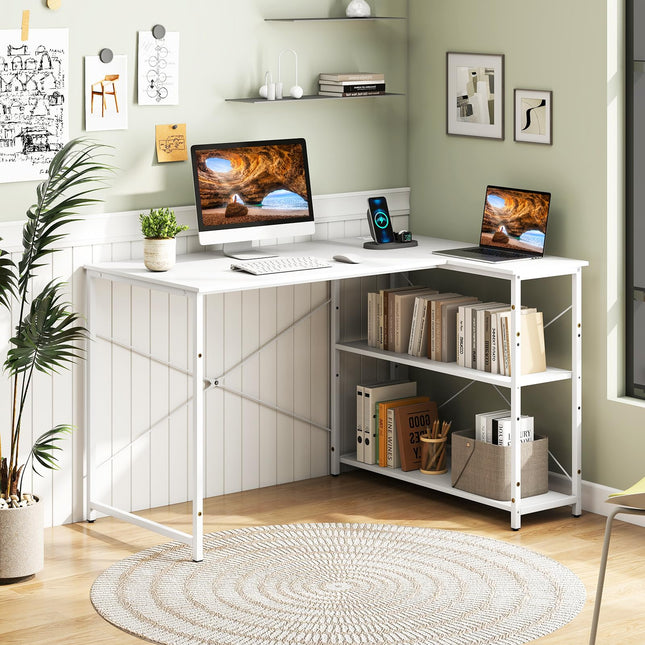 Dreamade 47 Inch Reversible Computer Desk with Adjustable Storage Shelves and Metal Frame