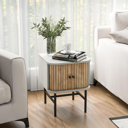 Dreamade Mid-Century Modern Nightstand, Wood Bedside Table with Sliding Doors and 4 Metal Legs