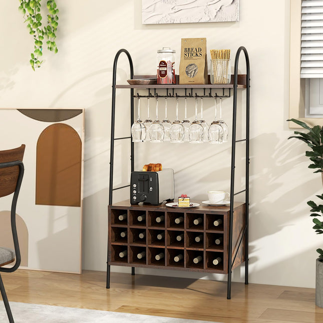 Dreamade 18-Bottle Wine Rack Freestanding Floor, Kitchen Baker’s Rack w/ 15 Glasses Holder, Rustic Brown