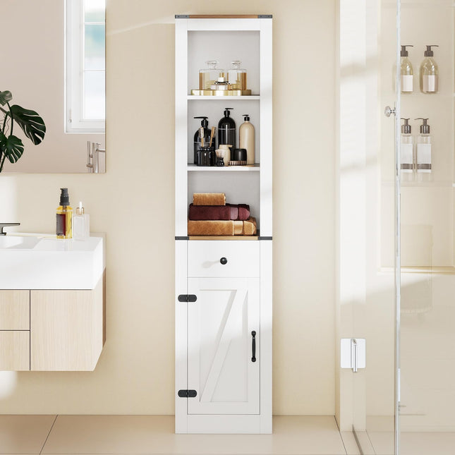 Dreamade 68 inch Tall Bathroom Cabinet with Barn Door Narrow Slim Storage Organizer Unit with Drawer