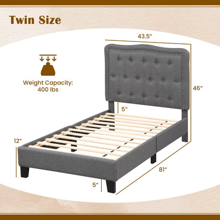 Dreamade Twin Size Bed Frame, Modern Linen Upholstered Platform Bed w/ 46" Tall Button Tufted Headboard