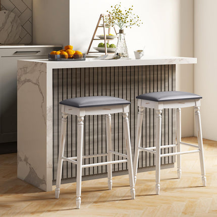 Dreamade Bar Stools, 29"/24" Bar Height Saddle Stools w/Padded Seat, Rubber Wood Legs, Footrests & Antiqued Surface