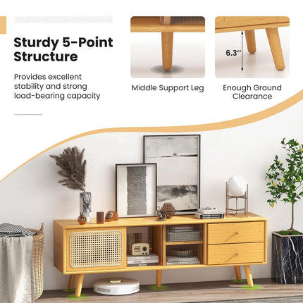 Dreamade Bamboo TV Stand for 55 60 65 Inch TV, PE Rattan Entertainment Center with Sliding Doors