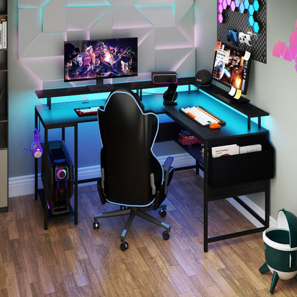 Dreamade L Shaped Desk with LED Light & Power Outlets Ergonomic Home Office Desk