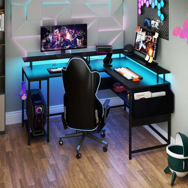 Dreamade L Shaped Desk with LED Light & Power Outlets Ergonomic Home Office Desk