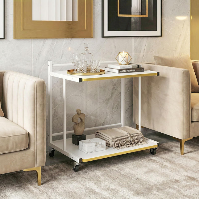 Dreamade Mobile C-Shaped End Table - 2-Tier Sofa Couch Bed Side Table w/Open Storage Shelves & Golden Edge Banding