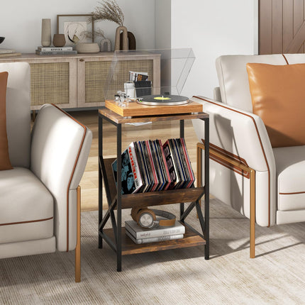 Dreamade Record Player Stand, 3-Tier End Table w/ V-Shaped Magazine Holder, Turntable Stand with Record Storage Up to 80 Albums