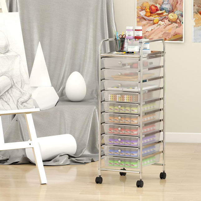 Dreamade 10-Drawer Rolling Storage Cart with Metal Frame and Lockable Universal Wheels