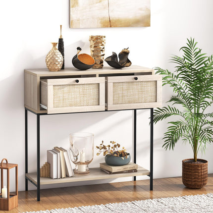 Dreamade Console Table with Rattan Drawers - 31.5" Entryway Table w/ 2 Drawers & Open Storage Shelf