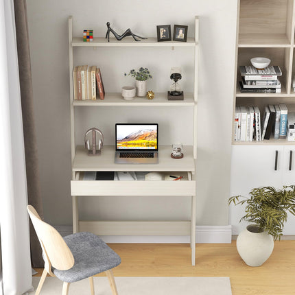Dreamade 3 Tier Ladder Desk with Drawer, 33’’ Width Ladder Shelf with Anti-tipping Device, Freestanding Bookshelf