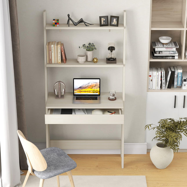 Dreamade 3 Tier Ladder Desk with Drawer, 33’’ Width Ladder Shelf with Anti-tipping Device, Freestanding Bookshelf