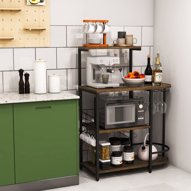 Dreamade Kitchen Bakers Rack, 4-Tier Microwave Stand with 6 Hooks & Stemware Racks (Rustic Brown)