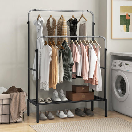 Dreamade Double Rods Garment Rack, 2 Heights Adjustable Clothing Rack, Heavy Duty Metal Frame Hanging Clothes Rack