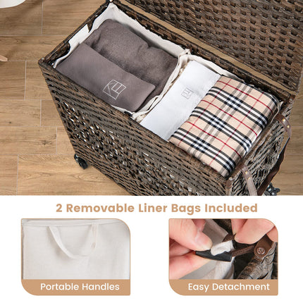 Dreamade Laundry Hamper with Wheels and Lid, 33 Gal (125L) Wicker Laundry Basket, 2 Removable Liner Bags