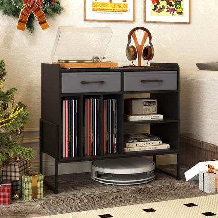 Dreamade Large Record Player Stand with Charging Station Mid Century Modern Vinyl Storage Cabinet