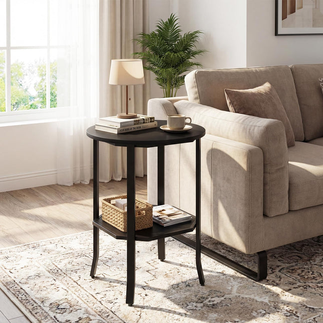 Dreamade 2-Tier Round Small Sofa Couch End Table with Storage Shelf & Steel Frame
