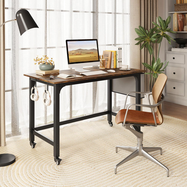 Dreamade 48" Rolling Computer Desk, Mobile Study Writing Desk with Wheels & Metal Frame, Simple Style Home Office Work Bench