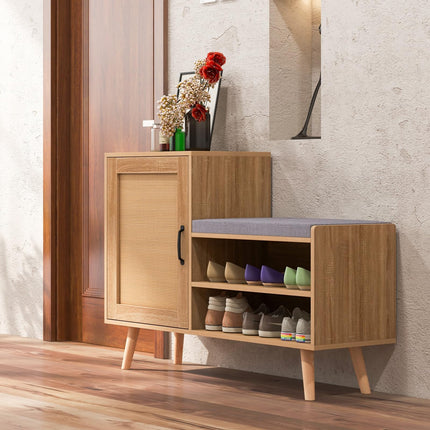 Dreamade Shoe Cabinet with Shoe Bench - Rattan Shoe Storage Cabinet, Shoe Rack Organizer for 10-12 Pairs
