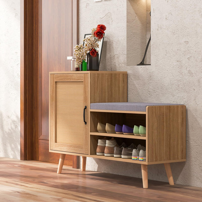 Dreamade Shoe Cabinet with Shoe Bench - Rattan Shoe Storage Cabinet, Shoe Rack Organizer for 10-12 Pairs