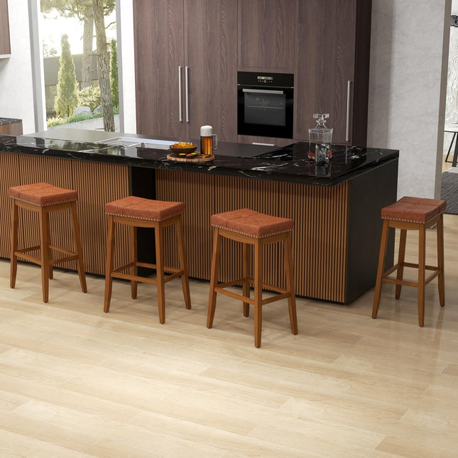Dreamade Bar Stools Set, 29" Counter Height Bar Stools w/Saddle Seat, Footrest, Rivet, Button Tufted, Rubber Wood Frame