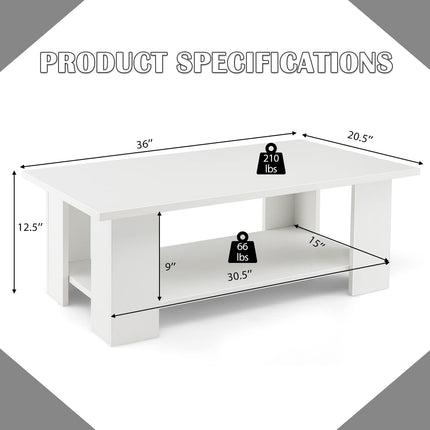 Dreamade Wood Coffee Table w/Storage Shelf, 36"L 2-Tier Large Modern Tea Table, White