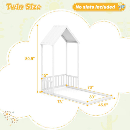 Dreamade Twin Size House Bed Montessori Floor Bed with House Shape Roof & Semi-Fence