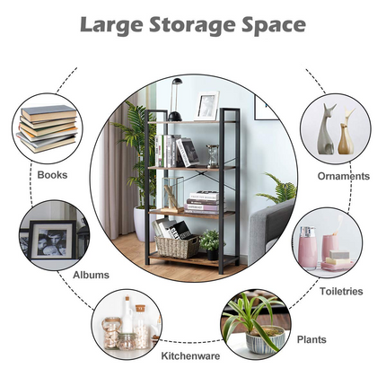 Dreamade 4-Tier Industrial Bookshelf, Vintage Bookcase with Metal Frame, Standing Shelf Unit