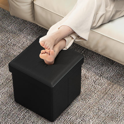 Dreamade Cube Storage Ottoman - 15 Inches Folding Ottoman Storage Chest, PVC Leather, Upholstered Footrest