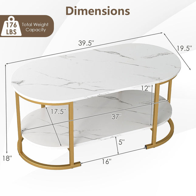 Dreamade 2-Tier Coffee Table Oval Center Table with Wood Grain Top & Open Storage Shelf