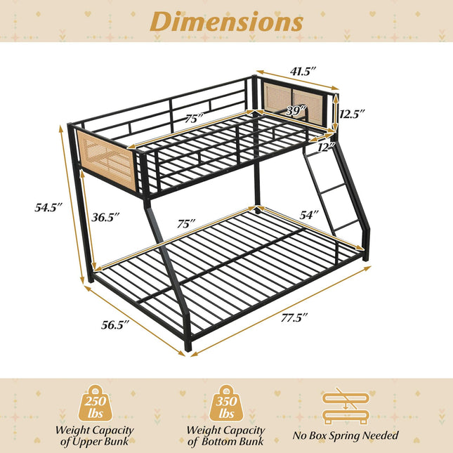 Dreamade Twin Over Full Metal Bunk Bed, Boho Rattan Floor Bunkbeds