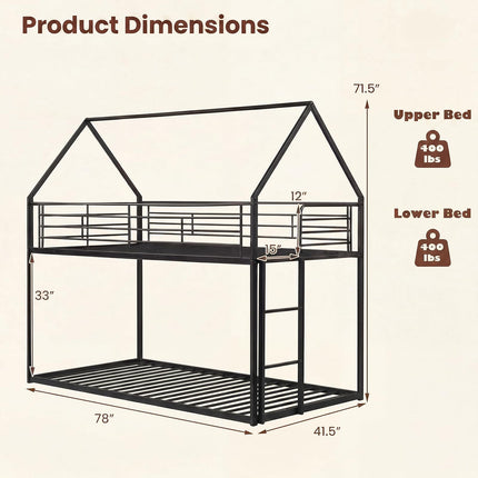 Dreamade House-Shaped Twin Over Twin Metal Bunk Bed