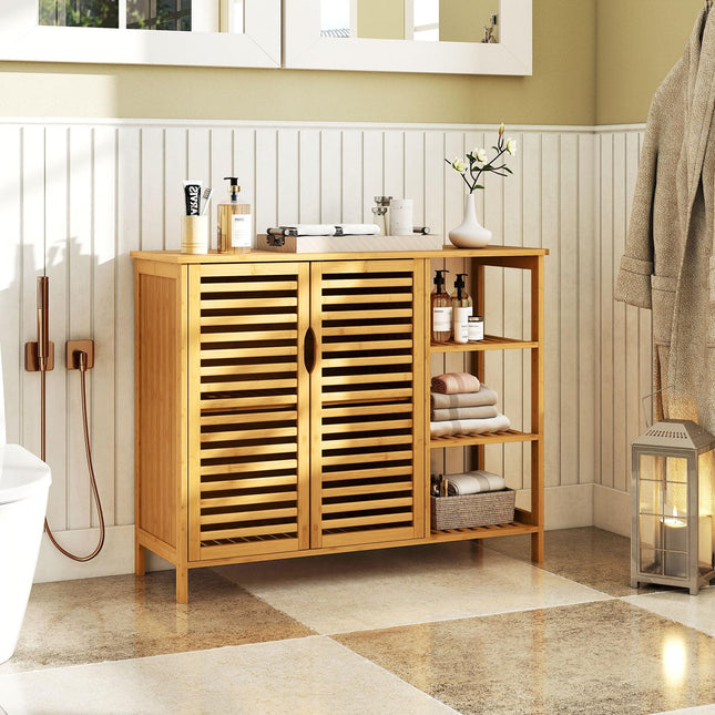 Dreamade Bamboo Bathroom Storage Cabinet 2-Door Storage Organizer with Shelves