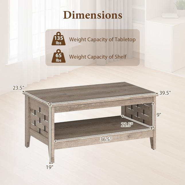 Dreamade 2-Tier Farmhouse Coffee Table with Open Shelf and Woven Decorations for Living Room