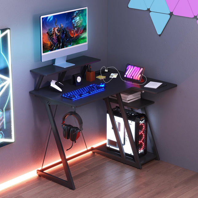 Dreamade L Shaped Gaming Desk with Outlets & USB Ports, Small Computer Desk with Monitor Shelf