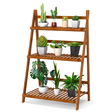 Dreamade 3 Tier Folding Storage Shelf, Bamboo Ladder Plant Stand