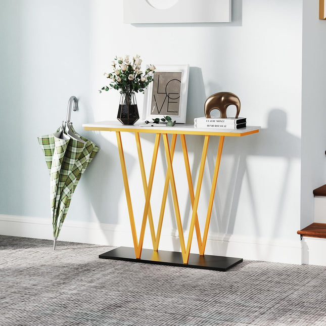 Dreamade Gold Entryway Table 40 Inch Modern Console Table with Faux Marble Table and Metal Frame